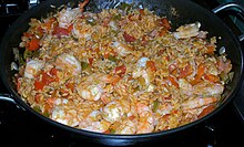 Jambalaya is a popular Louisiana-origin dish of Spanish, French (especially Provencal cuisine), and West African influence. Jambalaya (cropped).jpg