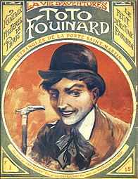 Premier fascicule de la série Toto Fouinard, Paris, Tallandier, coll. « La Vie d'aventures », 1908. Illustration de Georges Conrad.