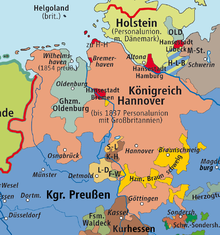 The Electorate later Kingdom of Hanover was in personal union with the British monarchy from 1714 to 1837. (Orange; borders shown 1814-1866.) KrkHannover.png