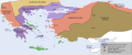 Latin Empire (1204–1261 AD), Empire of Nicaea (1204–1261 AD) and the Sultanate of Rum (1077–1308 AD) in 1204-1214 AD.