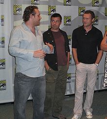 Producers Josh Appelbaum (left) and Andre Nemec (center) talk with actor Jason O'Mara (right), at Comic Con. Life on Mars cast.jpg