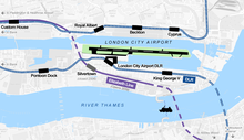 The Elizabeth line passes close to London City Airport but no station is currently planned London City Airport DLR and Crossrail.png