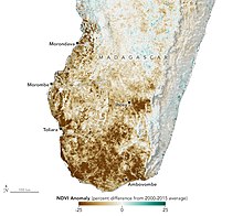 Map of South Madagascar showing areas of reduced rainfall.