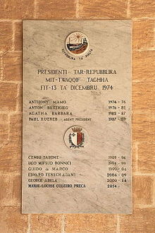 List of presidents of Malta at San Anton Palace seen in 2014 Malta - Attard - San Anton Gardens - Palace 19 ies.jpg