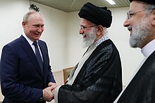 Russian President Vladimir Putin meeting with Iran's Supreme Leader Ayatollah Ali Khamenei and President Raisi in Tehran, 19 July 2022 Meeting between Putin and Khamenei 2.jpeg