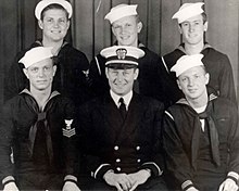 "NCDU 45", Ensign Karnowski (CEC), ChCarp. Conrad C. Millis, MMCB2 Lester Meyers and three gunners mates. The unit received a Presidential Unit Citation with Ens. Karnowski earning the Navy Cross & French Croix de Guerre with Palm, while MM2 Meyers received a Silver Star. Two men were wounded and one killed. Naval Combat Demolition Unit 45.jpg