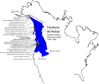 Spanish territorial claims on the West Coast of North America in the 18th century, contested by the Russians and the British. Most of what Spain claimed in Nootka was not directly occupied or controlled. NutcaEN.png