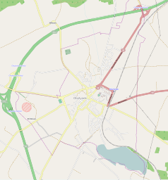 Mapa konturowa Olsztynka, w centrum znajduje się punkt z opisem „Ratusz w Olsztynku”