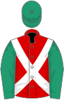 Red, white cross sashes, emerald green sleeves and cap