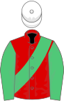 Red, emerald green sash and sleeves, white cap