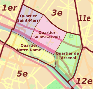 De fyra administrativa distrikten i Paris fjärde arrondissement.