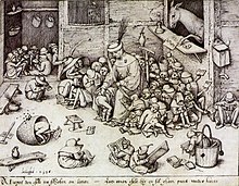 Engraving after Pieter Breughel the Elder, 1556. caption: Al rijst den esele ter scholen om leeren, ist eenen esele hij en zal gheen peert weder keeren ("Even if the Ass travels to school to learn, as a horse he will not return") Pieter Bruegel the Elder - The Ass in the School - WGA03526.jpg