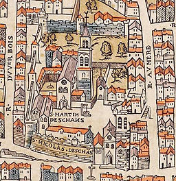 Saint-Martin-des-Champs (S•MARTIИ DESCHAИS). Detalj från Truschets och Hoyaus Paris-karta (1550-talet).