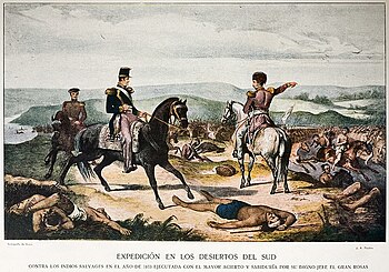 "Colored engraving depicting 3 uniformed men on horseback on a hilltop with dead bodies strewn about and one uniformed man pointing to the valley below in which half-naked warriors are fleeing before a line of uniformed and mounted troops"