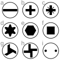 Uma chave de fenda para parafusos. Veja os tipos de cabeças de parafuso: (a) Fenda, (b) Phillips ou Estrela, (c) Pozidriv, (d) Torx, (e) Allen, (f) Robertson, (g) Tri-Wing, (h) Torq-Set, (i) Spanner. Geralmente a Phillips é a que precisamos.