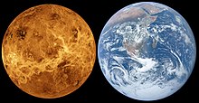 Venus, represented without its atmosphere, side by side with Earth. Venus is slightly smaller.