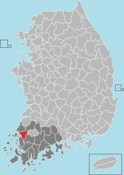 咸平郡在韓國及全羅南道的位置