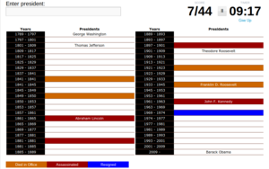 A classic quiz asking the user to name the US Presidents, showing a score of 7/44 with 9:17 left.