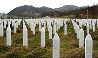 The cemetery at the Srebrenica-Potocari Memorial and Cemetery to Genocide Victims Srebrenica massacre memorial gravestones 2009 1.jpg