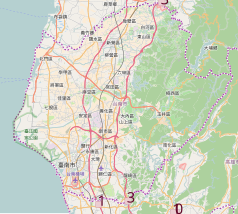 Mapa konturowa Tainan, na dole nieco na lewo znajduje się punkt z opisem „Tainan”