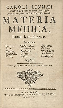 Титульный лист первого издания книги Карла Линнея Materia medica (1749)