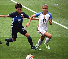 Morgan being challenged by Hikari Takagi (15) during a match against Japan in Cleveland on June 5, 2016 Alex morgan 2016.jpg