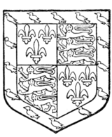 Fig. 728.—Jasper Tudor, Duke of Bedford: France and England quarterly, a bordure azure, charged with martlets or. (From his seal.) Although uncle of Henry VII., Jasper Tudor had no blood descent whatever which would entitle him to bear these arms. His use of them is very remarkable.