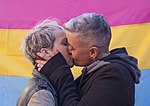 Couple kissing in front of pansexual flag (42328506944).jpg