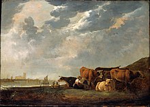 Cattle near the Maas by Dutch painter Aelbert Cuyp. Moody likened his vision of the nascent Colony of British Columbia to the pastoral scenes painted by Cuyp. Cuyp, Aelbert - Cattle near the Maas, with Dordrecht in the distance - Google Art Project.jpg