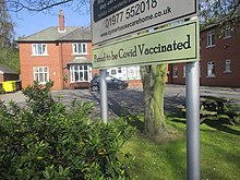 A care home in Castleford, West Yorkshire with sign reading "Proud to be Covid(sic) Vaccinated" Cymar House Care Home, Pontefract Road, Castleford, West Yorkshire (24th April 2021) 002.jpg