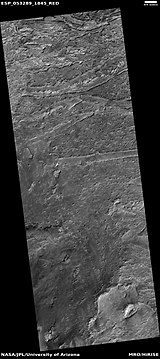 Wide view of layers in Crommelin crater, as seen by HiRISE . Parts of thi photo are enlarged in following images.