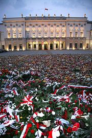 Flowers in front of the Presidential Palace following the death of Poland's top government officials in a plane crash on 10 April 2010 Flowers in front of the Presidential Palace in Warsaw.jpg