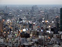 Greater Tokyo in Japan, the world's most populated urban area, with about 40 million inhabitants as of 2022 Ginza area at dusk from Tokyo Tower.jpg