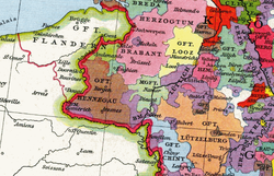 Северозападната Свещена Римска империя през 1250 г.; Лоон (Looz) в жълто