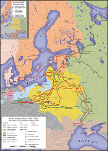 Campaigns and territorial changes 1700–1709 (left) and 1709–1721 (right)