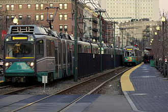 Green Line trains at Northeastern, January 2008.jpg