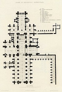 A plan of the cathedral published in 1836 Hereford Cathedral - steel engraved plan by B. Winkles after a drawing by Benjamin Baud, 1836.jpg