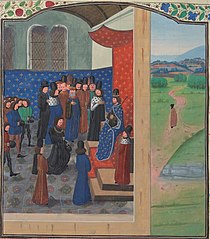 Miniature avec à gauche un groupe de personnes près d'un roi assis sur un trône, à gauche un paysage de campagne.