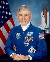 John Young, 19th person in space, first to fly solo around the Moon and first to command a Space Shuttle. John Watts Young.jpg