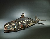 Kwakwaka'wakw whale figure; 19th century; cedar wood, hide, cotton cord, nails & pigment; 60 × 72.4 × 206 cm; Brooklyn Museum (New York City)