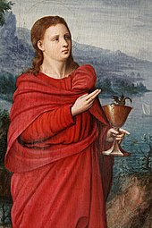 Apostlen Johannes. Detalje af maleri fra 1500-tallet. Dragen i kalken symboliserer gift[4]