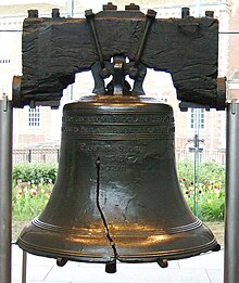 a large bronze bell with a pronounced crack in it, hangs from a blackened wooden yoke. This is the Liberty Bell