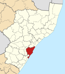 Kaart van Suid-Afrika wat eThekwini in KwaZulu-Natal aandui