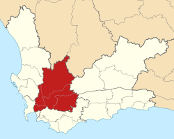 Kaart van Suid-Afrika wat Kaapse Wynland in Wes-Kaap aandui