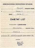 Úmrtní list (titulní strana)