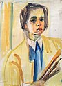 Painting of woman in yellow smock over blue blouse with white color holding a paintbrush