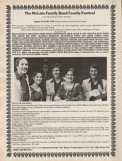 Scan of a monochromatic paper flyer promoting the inaugural McLain Family Band Festival; two-thirds of the flyer is infomational text, and a contemporary band photo is in the center