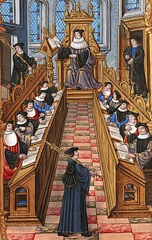 Illustration from a 16th-century manuscript showing a meeting of doctors at the University of Paris Meeting of doctors at the university of Paris.jpg