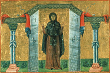 Melania the Younger, from the Menologion of Basil II Melania the Younger, nun of Rome (Menologion of Basil II).jpg