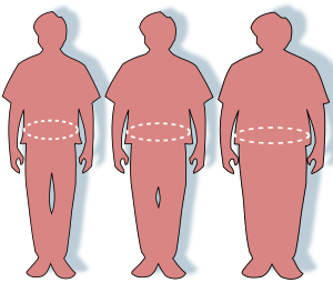 Три силуети, прикажуваат нормална големина (лево), покачена тежина (на средина) и здебелен (десно).